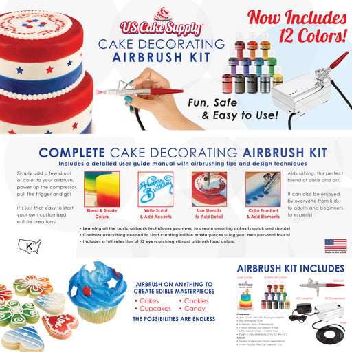U.S. Cake Supply Complete Cake Airbrush Decorating Kit with 12 Vibrant Food Colors - Air Brush for Cake Decoration, Cupcakes, Cookies & Desserts