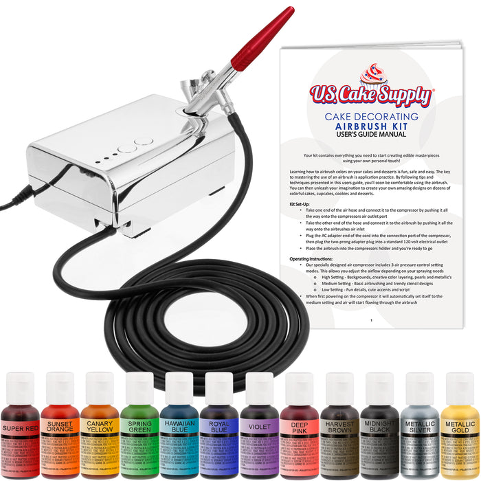 Complete Cake Decorating Airbrush Kit with a Full Selection of 12 Vivid Airbrush Food Colors