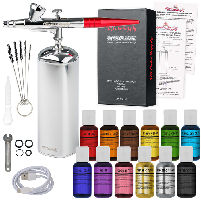 U.S. Cake Supply - Complete Cordless Handheld Airbrush Cake Decorating System, Professional Kit with a Full Selection of 12 Vivid Airbrush Food Colors