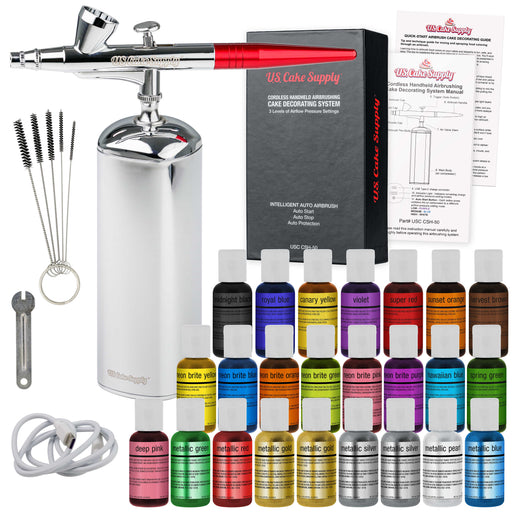 U.S. Cake Supply - Complete Cordless Handheld Airbrush Cake Decorating System, Professional Kit with a Full Selection of 24 Vivid Airbrush Food Colors