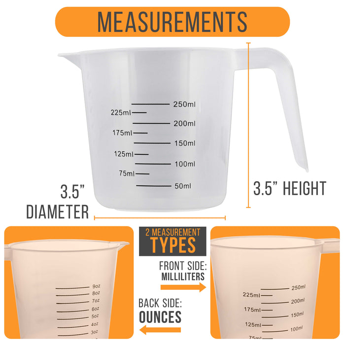 U.S. Kitchen Supply® - 8 oz (250 ml) Plastic Graduated Measuring Cups with Pitcher Handles (Pack of 6), 1 Cup Capacity, Ounce, ML Markings, Measure Mix