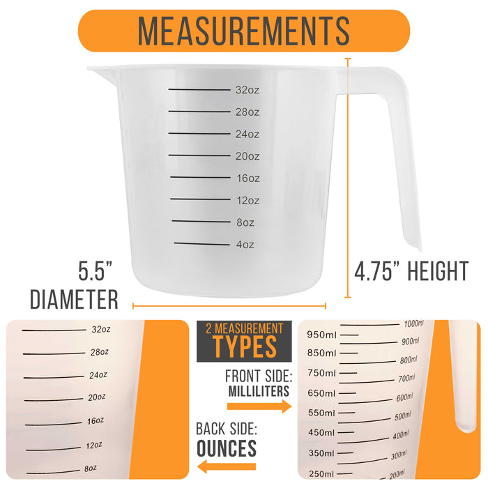 U.S. Kitchen Supply® - 32 oz (1000 ml) Plastic Graduated Measuring Cups with Pitcher Handles (Pack of 6), 4 Cup Capacity, Ounce Markings, Measure Mix