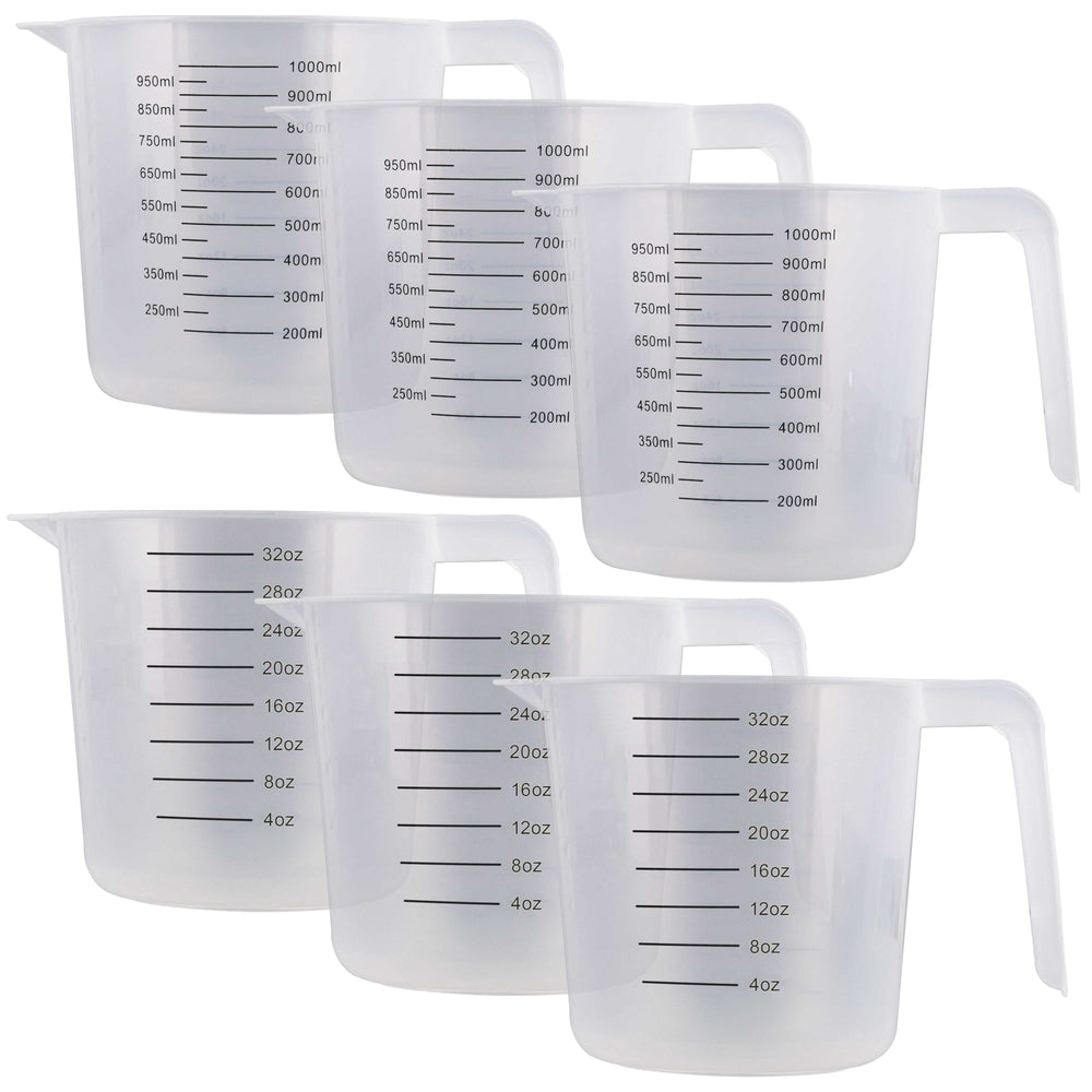 U.S. Kitchen Supply® - 32 oz (1000 ml) Plastic Graduated Measuring Cups with Pitcher Handles (Pack of 6), 4 Cup Capacity, Ounce Markings, Measure Mix