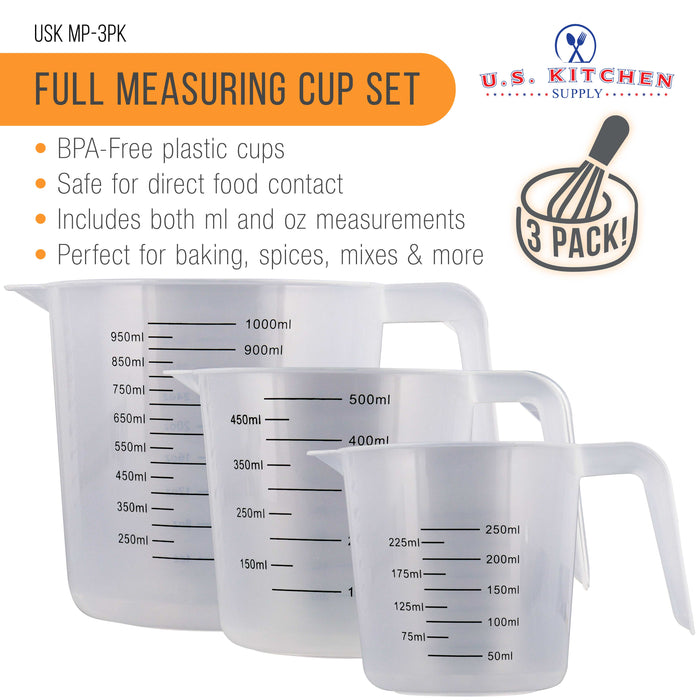 U.S. Kitchen Supply® - Set of 3 Plastic Graduated Measuring Cups with Pitcher Handles - 1, 2 and 4 Cup Capacity, Ounce ML Markings - Measure, Mix, Pour