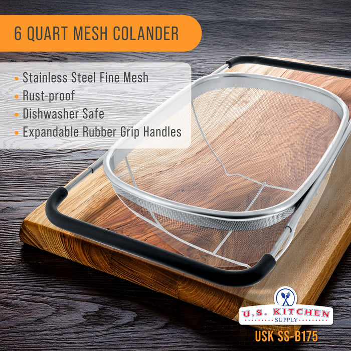 U.S. Kitchen Supply Stainless Steel Colander Strainer - 6-Quart Collapsible Colander with Expandable Rubber Handles - Rectangular Sieve, Fine Mesh Stainless Steel Strainers and Colanders for Kitchen