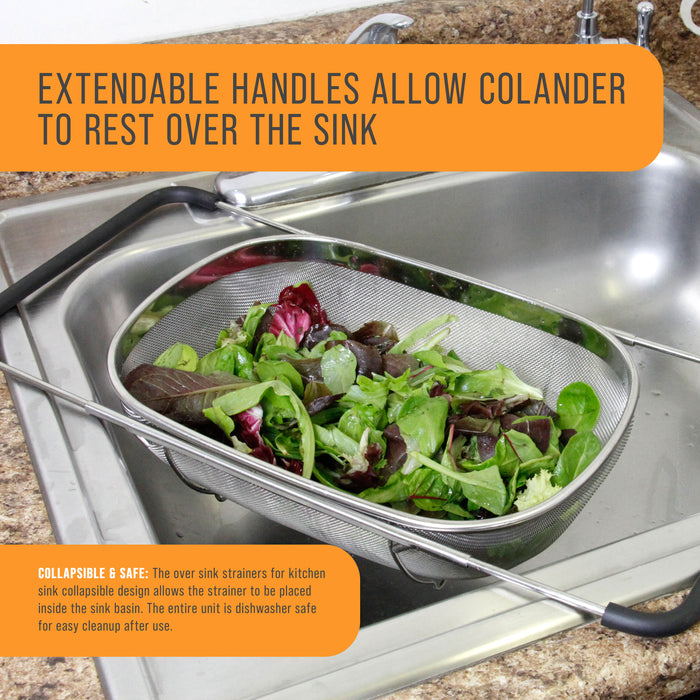 U.S. Kitchen Supply Stainless Steel Colander Strainer - 6-Quart Collapsible Colander with Expandable Rubber Handles - Rectangular Sieve, Fine Mesh Stainless Steel Strainers and Colanders for Kitchen