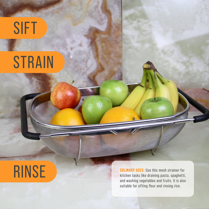 U.S. Kitchen Supply Stainless Steel Colander Strainer - 6-Quart Collapsible Colander with Expandable Rubber Handles - Rectangular Sieve, Fine Mesh Stainless Steel Strainers and Colanders for Kitchen