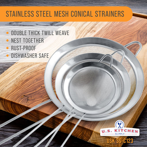 U.S. Kitchen Supply Set of 3 Stainless Steel Conical Strainers - 3", 4" & 5.5" Sizes - Chinois Style, Extra Fine Twill Mesh Sieve, Stainless Steel Strainers and Colanders for Kitchen