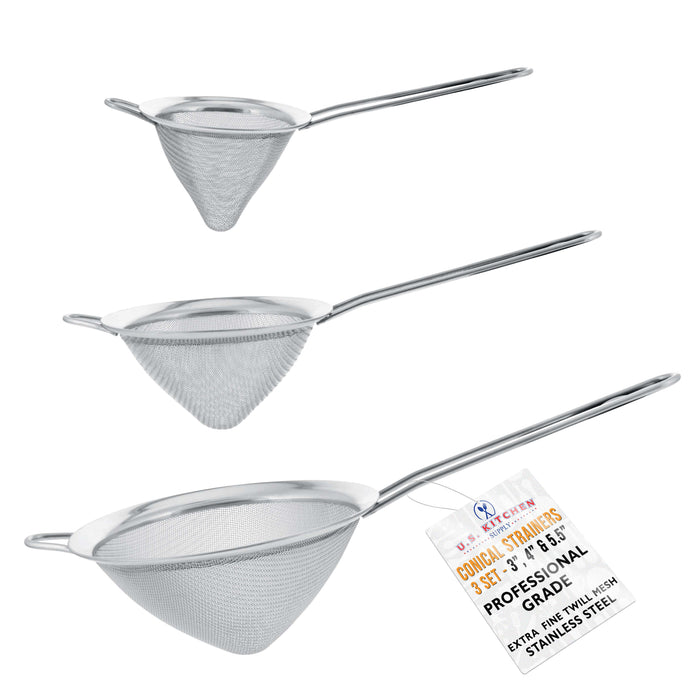 U.S. Kitchen Supply® - Set of 3 Premium Quality Extra Fine Twill Mesh Stainless Steel Conical Strainers - 3", 4" and 5.5" Sizes