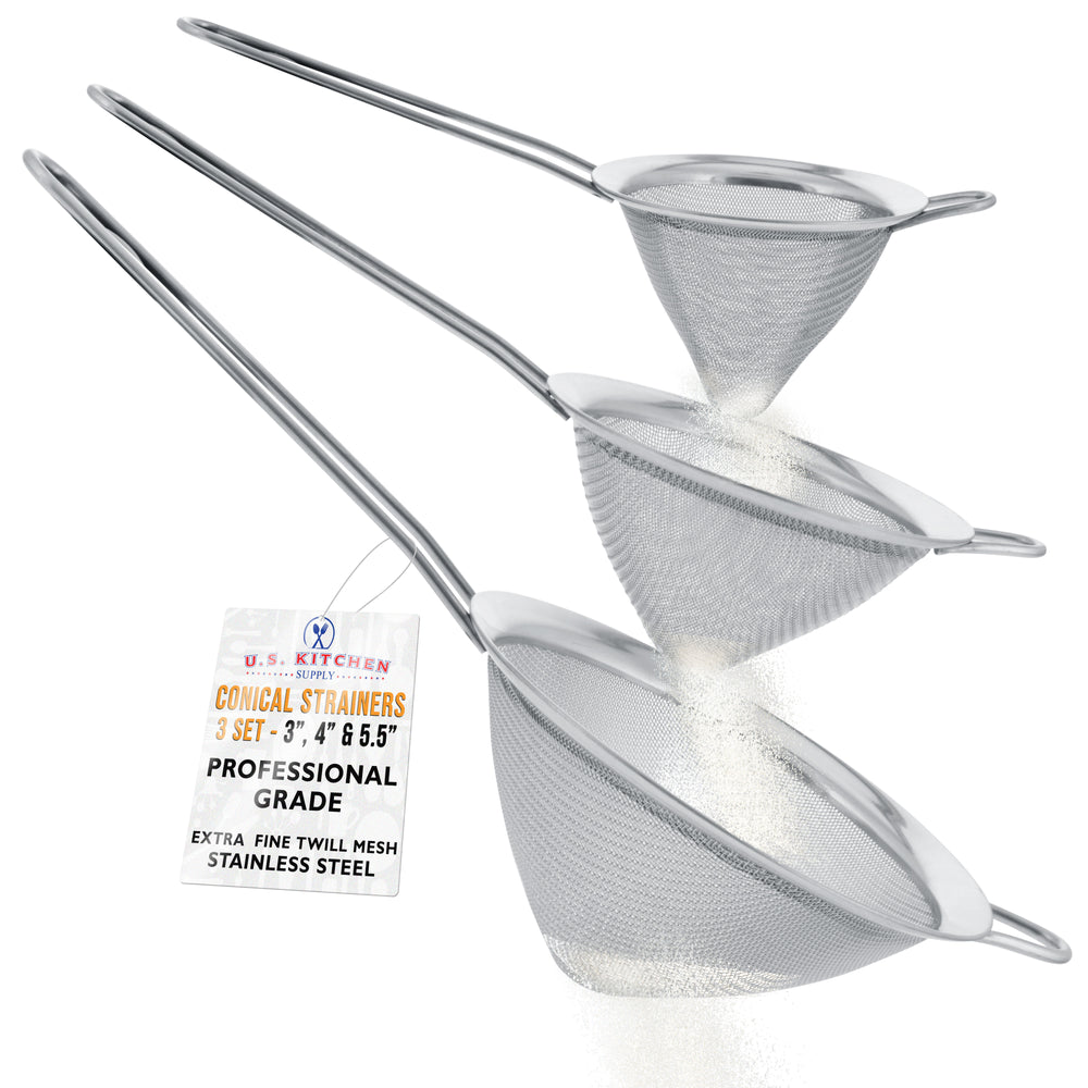 U.S. Kitchen Supply Set of 3 Stainless Steel Conical Strainers - 3", 4" & 5.5" Sizes - Chinois Style, Extra Fine Twill Mesh Sieve, Stainless Steel Strainers and Colanders for Kitchen