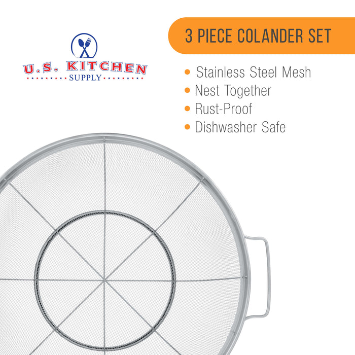 U.S. Kitchen Supply® - 3 Piece Colander Set, Stainless Steel Mesh Strainer Net Baskets, Handles & Resting Base, 11" 5 Quart 9.5" 4 Quart & 8.5" 3 Quart