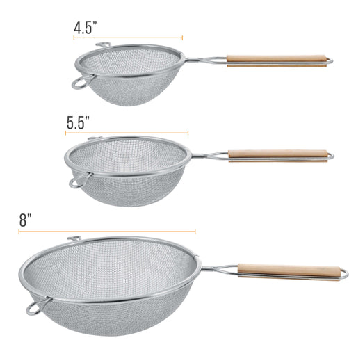 U.S. Kitchen Supply® - Set of 3 Premium Quality Fine Double Mesh Stainless Steel Strainers with Wooden Handles - 4.5", 5.5" and 8" Sizes