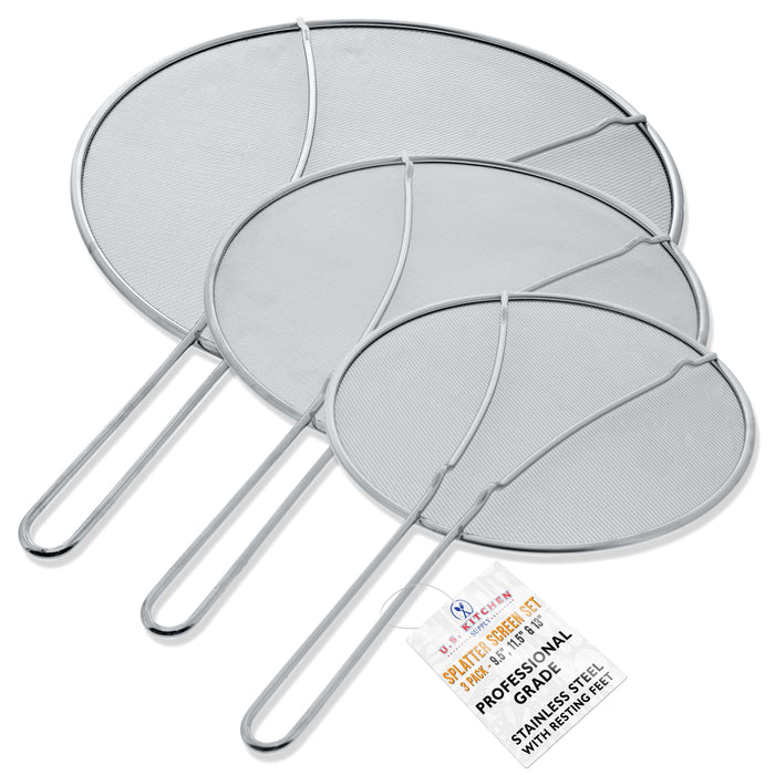 U.S. Kitchen Supply Set of 3 Stainless Steel Splatter Screen - 13", 11.5" & 9.5" Sizes - Fine Mesh Splatter Screen with Resting Feet Set, Grease Guard for Kitchen Pots and Pans