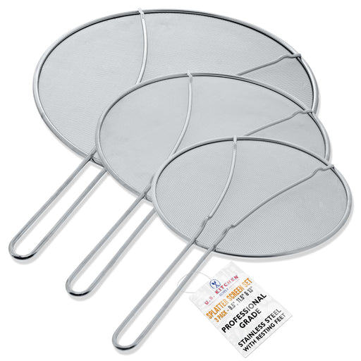 U.S. Kitchen Supply Set of 3 Stainless Steel Splatter Screen - 13", 11.5" & 9.5" Sizes - Fine Mesh Splatter Screen with Resting Feet Set, Grease Guard for Kitchen Pots and Pans