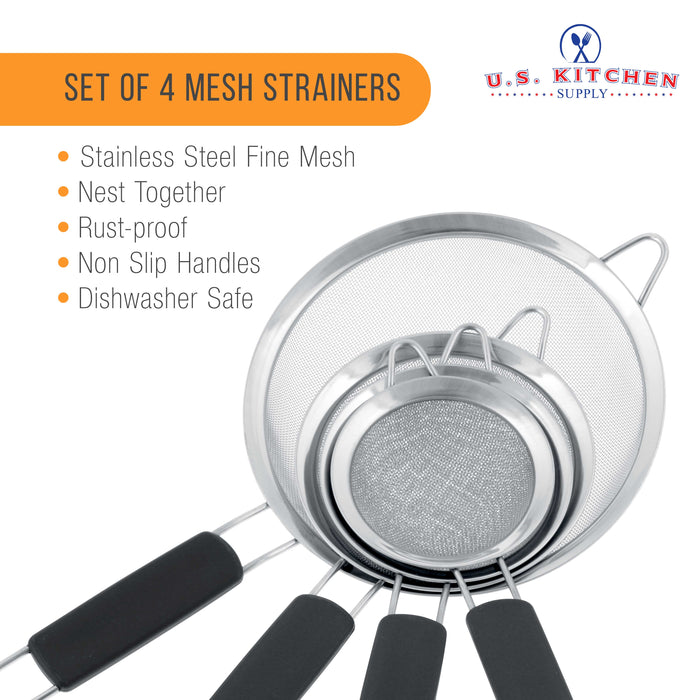 U.S. Kitchen Supply® - Set of 4 Premium Quality Fine Mesh Stainless Steel Strainers with Comfortable Non Slip Handles - 3", 4", 5.5" and 8" Sizes