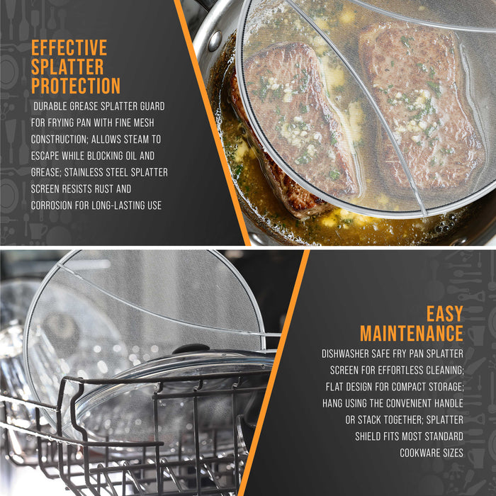 3-Piece Stainless Steel Splatter Guard Set (13", 11.5", 9.5") Fine Mesh Cover, Grease & Oil, Splatter Screen for Frying Pan, Cooking Pots, with Resting Feet & Comfort Grip Handles