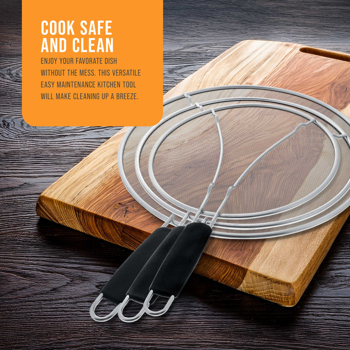 3-Piece Stainless Steel Splatter Guard Set (13", 11.5", 9.5") Fine Mesh Cover, Grease & Oil, Splatter Screen for Frying Pan, Cooking Pots, with Resting Feet & Comfort Grip Handles