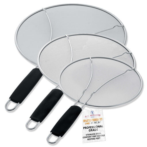 U.S. Kitchen Supply® 13", 11.5", 9.5" Stainless Steel Fine Mesh Splatter Screen with Resting Feet Set, Black Comfort Grip Handles - For Pot, Frying Pan