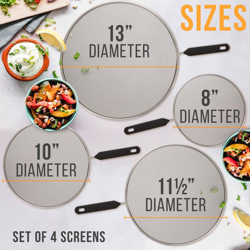 U.S. Kitchen Supply® Set of 4 Classic Splatter Screens, 13", 11.5", 10", and 8" - Stainless Steel Fine Mesh, Comfort Grip Handles, For Pots Frying Pans