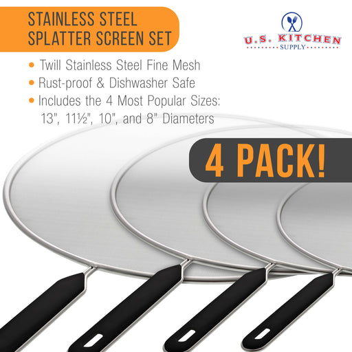 U.S. Kitchen Supply® Set of 4 Classic Splatter Screens, 13", 11.5", 10", and 8" - Stainless Steel Fine Mesh, Comfort Grip Handles, For Pots Frying Pans
