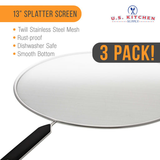 U.S. Kitchen Supply® Set of 3 Classic 13" Splatter Screens - Stainless Steel Fine Mesh, Comfort Grip Handles, Boiling Pots Frying Pans Grease Oil Guard