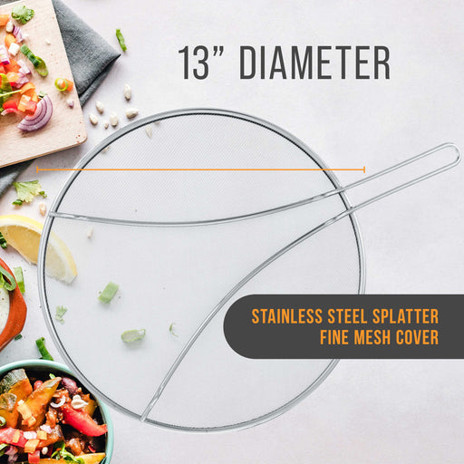 Stainless Steel Splatter Guard 13" Fine Mesh Cover, Grease & Oil, Splatter Screen for Frying Pan, Cooking Pots, with Resting Feet