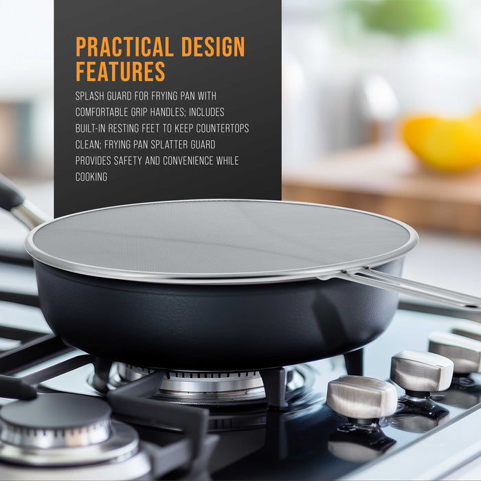 Stainless Steel Splatter Guard 13" Fine Mesh Cover, Grease & Oil, Splatter Screen for Frying Pan, Cooking Pots, with Resting Feet