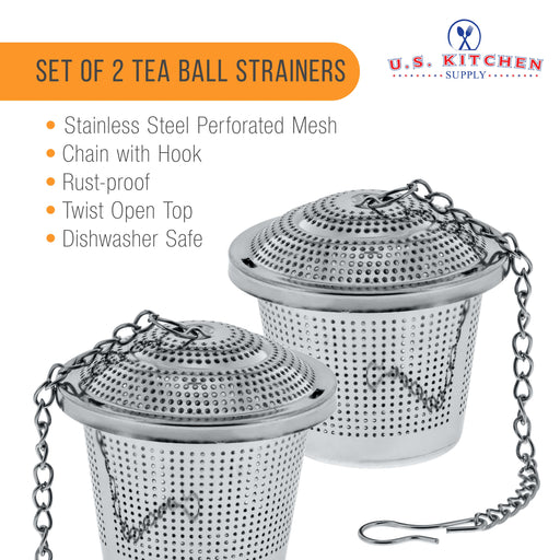 U.S. Kitchen Supply® - 2 Premium Stainless Steel Tea Ball Strainer Infusers - 2" Size with Micro Perforated Mesh - Steep Loose Leaf Tea, Herbal, Spices