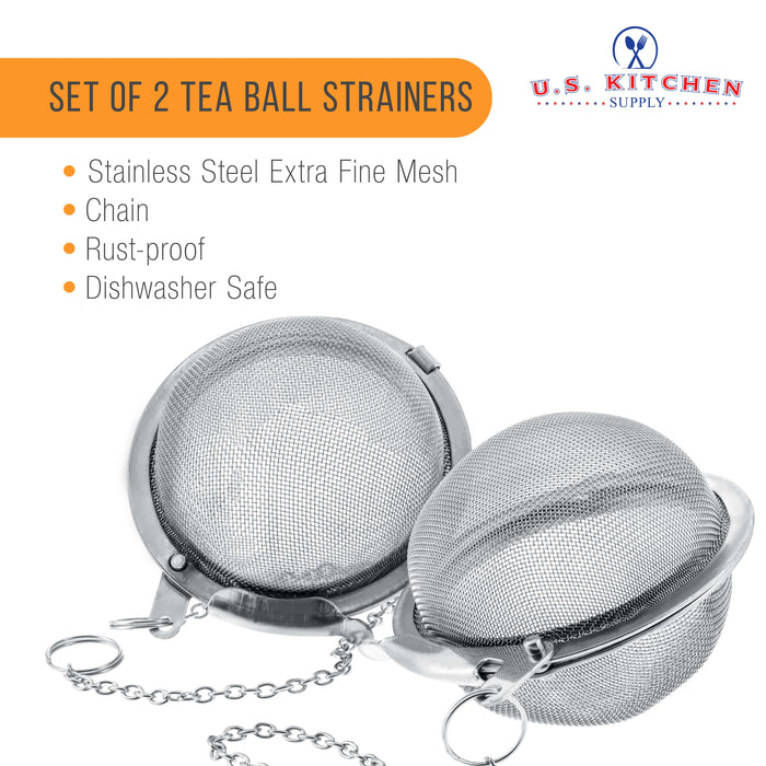 U.S. Kitchen Supply® 2 Premium Stainless Steel Tea Ball Strainer Infusers - 2.1" Size with Extra Fine Mesh