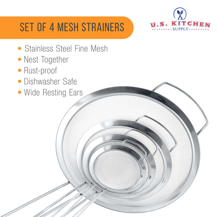 U.S. Kitchen Supply® - Set of 4 Premium Quality Fine Mesh Stainless Steel Strainers with Wide Resting Ear Design - 3", 4", 5.5" and 8" Sizes