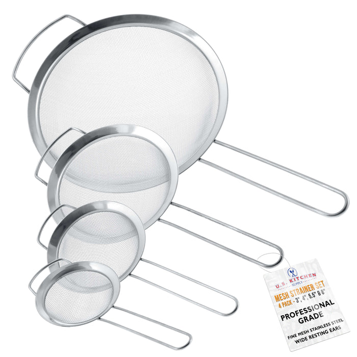 U.S. Kitchen Supply® - Set of 4 Premium Quality Fine Mesh Stainless Steel Strainers with Wide Resting Ear Design - 3", 4", 5.5" and 8" Sizes