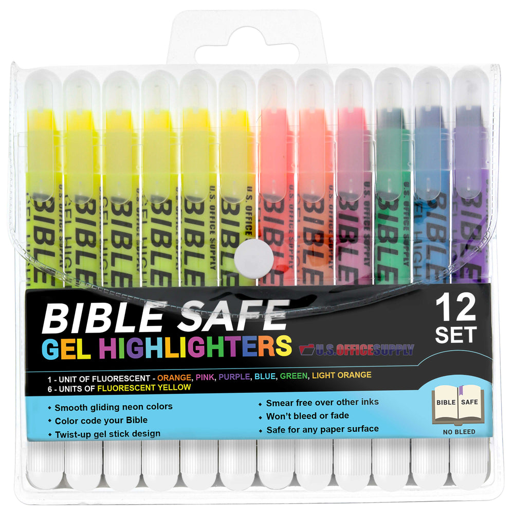 U.S. Office Supply Bible Safe Gel Highlighters, Pack of 12 - 6 Bright Neon Yellow Highlight Colors Plus 6 Colors - Won't Bleed, Fade or Smear - Study