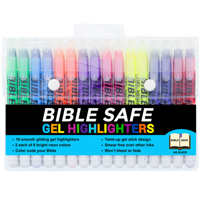 Bible Safe Gel Highlighters, Pack of 16 - 2 Sets of 8 Bright Neon Fluorescent Highlight Colors Yellow, Orange, Pink, Blue - Won't Bleed, Fade or Smear