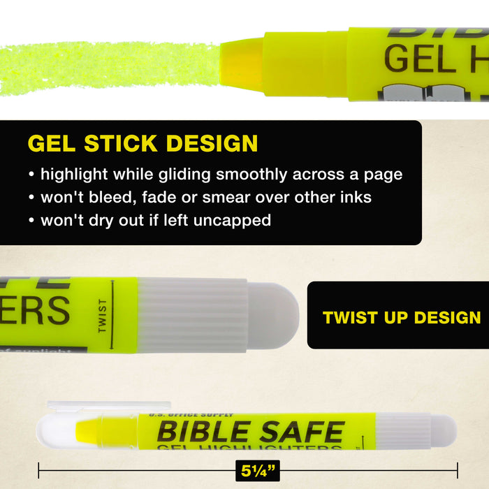 U.S. Office Supply 6 Pack of Yellow Bible Safe Gel Highlighters - Bright Neon Fluorescent Yellow Color Markers - Won't Bleed, Fade or Smear - Twist-Up