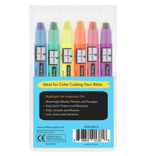 U.S. Office Supply Bible Safe Gel Highlighters, 6 Pack Set, Bright Neon Fluorescent Highlight Colors Yellow, Orange, Pink - Won't Bleed, Fade or Smear