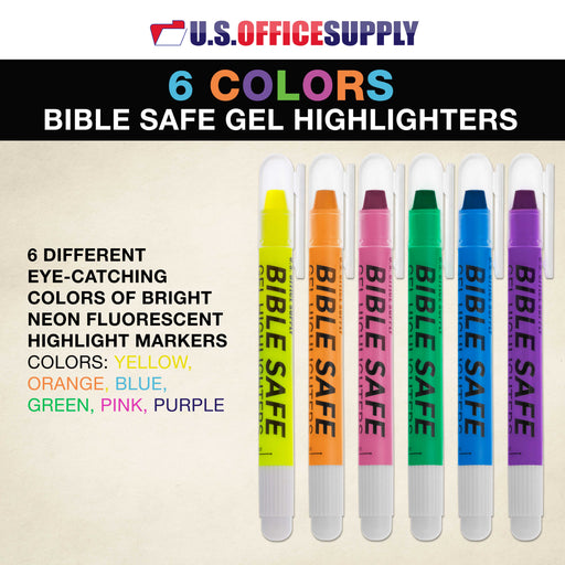 U.S. Office Supply Bible Safe Gel Highlighters, 6 Pack Set, Bright Neon Fluorescent Highlight Colors Yellow, Orange, Pink - Won't Bleed, Fade or Smear