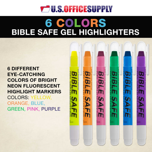 U.S. Office Supply Bible Safe Highlighter Set of 6 Bright Flouresent Colors, Dry Bible Highlighters No Bleed, Fade or Smear, Safe Gel Markers, Accessories, Study Guide