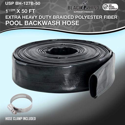 U.S. Pool Supply® Black Rhino 1-1/2" x 50' Pool Backwash Hose with Hose Clamp - Extra Heavy Duty Superior Strength, Thick 1.2mm (47mils) - Weather Burst Resistant