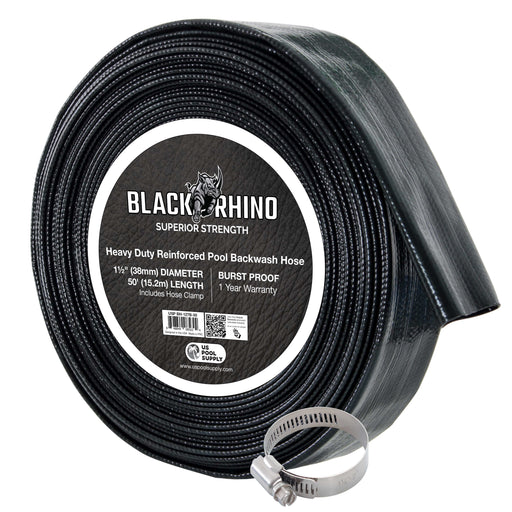 U.S. Pool Supply® Black Rhino 1-1/2" x 50' Pool Backwash Hose with Hose Clamp - Extra Heavy Duty Superior Strength, Thick 1.2mm (47mils) - Weather Burst Resistant