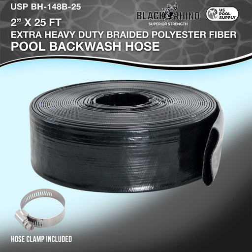 U.S. Pool Supply® Black Rhino 2" x 25' Pool Backwash Hose with Hose Clamp - Extra Heavy Duty Superior Strength, Thick 1.2mm (47 mils), Burst Resistant