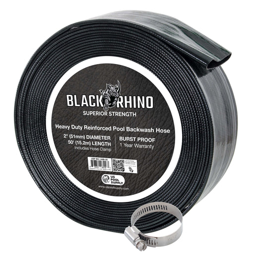U.S. Pool Supply® Black Rhino 2" x 50' Pool Backwash Hose with Hose Clamp - Extra Heavy Duty Superior Strength, Thick 1.2mm (47 mils) - Weather Burst Resistant