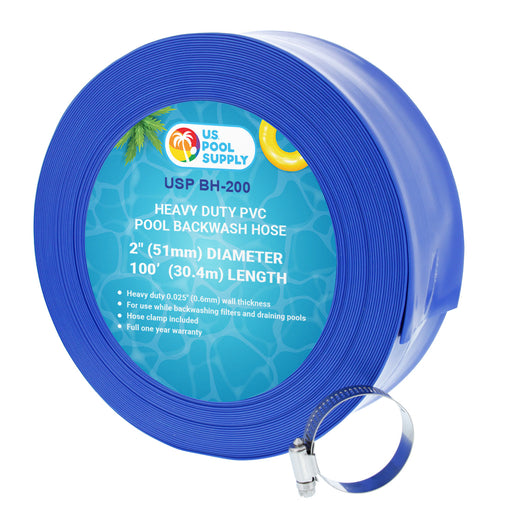 U.S. Pool Supply® 2" x 100' Heavy Duty Blue Swimming Pool Backwash Hose with Hose Clamp