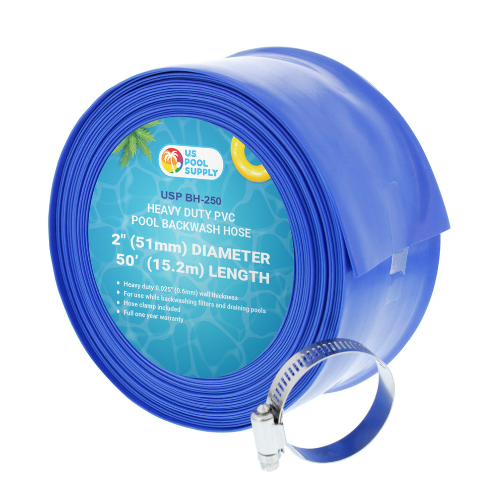 U.S. Pool Supply® 2" x 50' Heavy Duty Blue Swimming Pool Backwash Hose with Hose Clamp