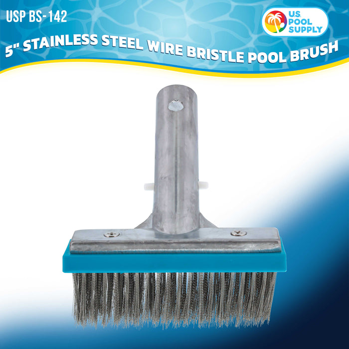 U.S. Pool Supply 5" Stainless Steel Wire Bristle Pool Brush, HD Aluminum Pole Handle - Clean Remove Rust Stains on Concrete, Calcium Build-Up on Tiles