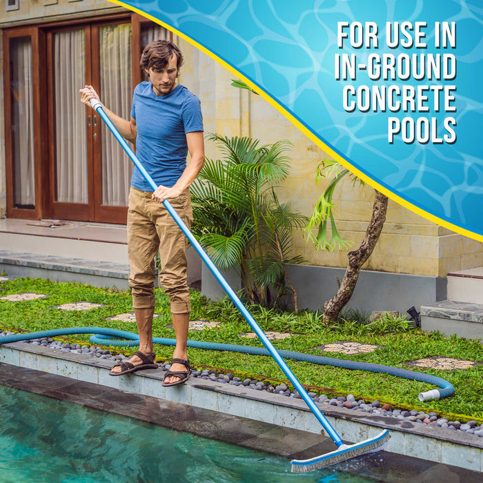 Professional 18" Stainless Steel Pool Algae Brush with EZ Clip Handle - Durable Bristles, Remove Calcium Buildup, Rust Stains, Sweep Debris
