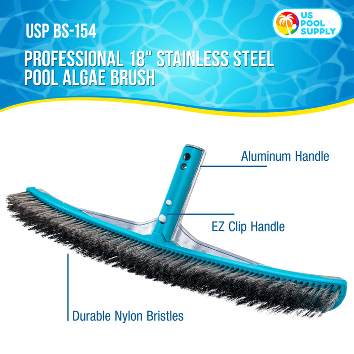 U.S. Pool Supply® Professional 18" Stainless Steel Pool Algae Brush with Heavy Duty Aluminum Handle, EZ Clips - Durable Wire Bristles, Scrub & Remove Rust Stains Debris