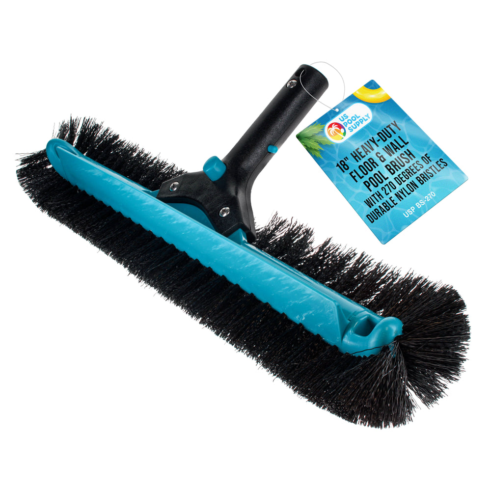 U.S. Pool Supply Professional 18" Heavy-Duty Floor & Wall Pool Brush with 270 Degrees of Durable Nylon Bristles - Reinforced Handle, Scrub Corners