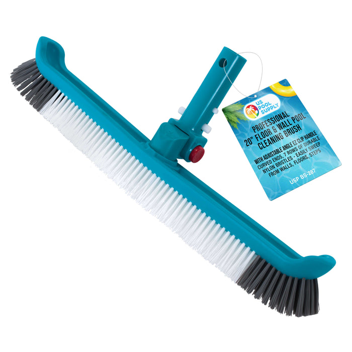 U.S. Pool Supply® Professional 20" Floor & Wall Pool Cleaning Brush with Adjustable Angle EZ Clip Handle - Curved Ends, 7 Rows of Durable Nylon Bristles - Sweep Algae