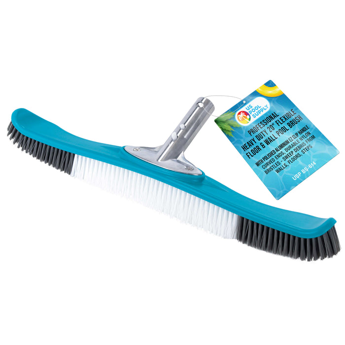 U.S. Pool Supply® Professional Heavy Duty 20" Flexible Floor & Wall Pool Brush with Polished Aluminum EZ Clip Handle - Curved Ends, Durable Nylon Bristles