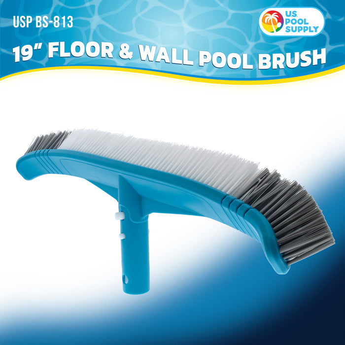 U.S. Pool Supply Professional 19" Floor & Wall Pool Brush with Flexible Curved Ends - Flexes on Walls, Floors & Steps to Sweep Off Debris Easier